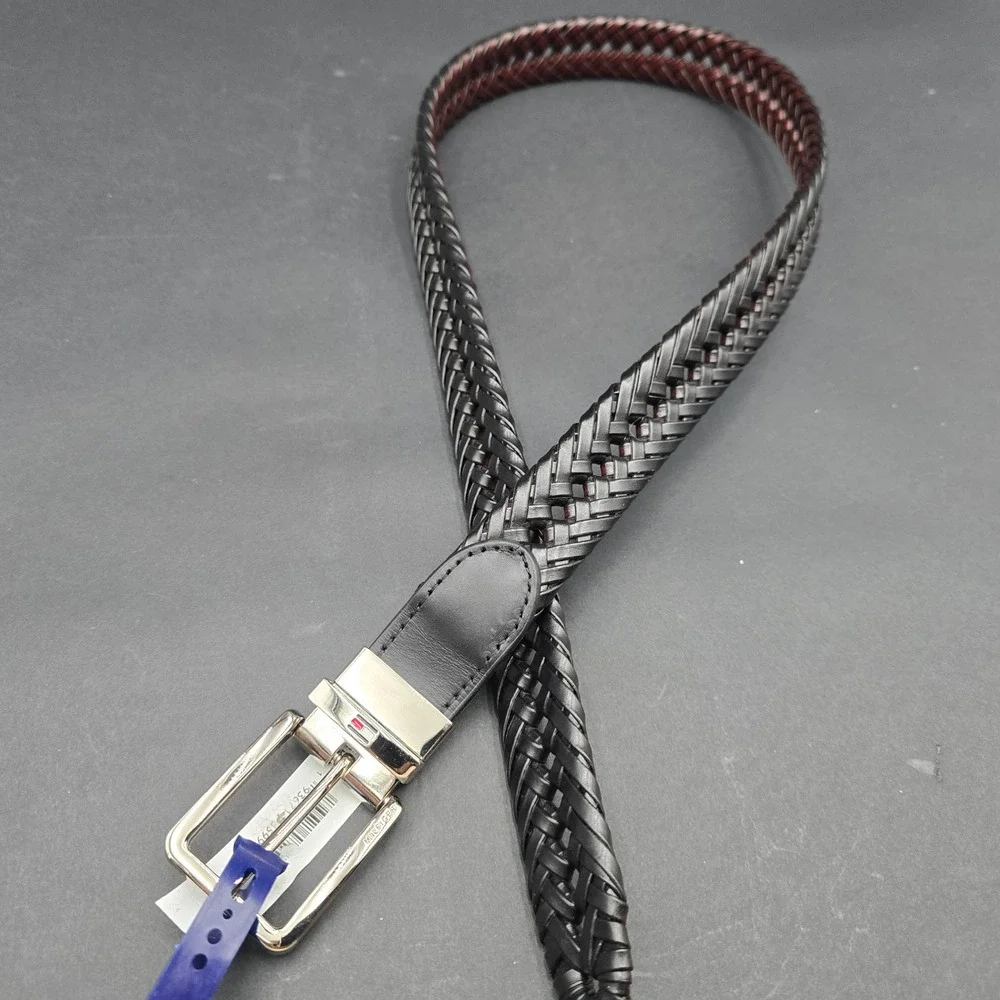 Tommy Hilfiger Mens Reversible Woven Belt Black Brown Leather Trim 11TL040002 SM
